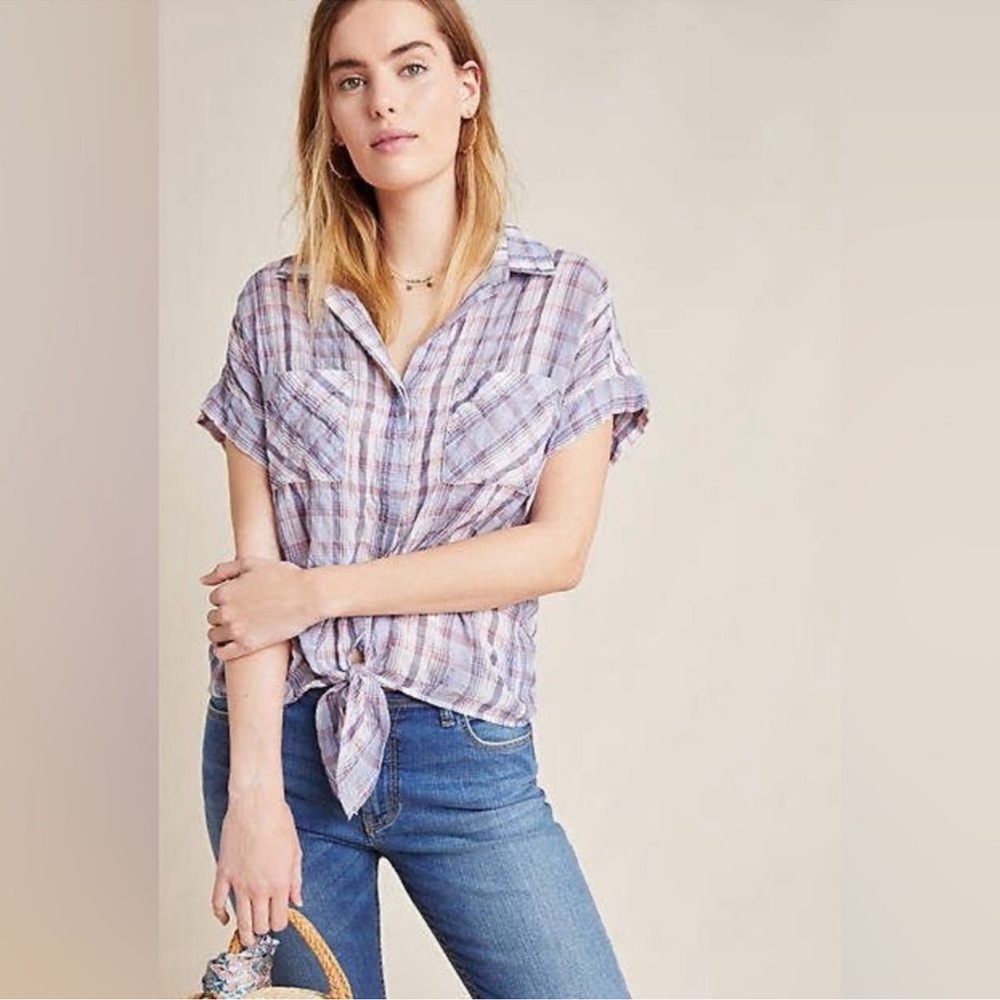 Anthropologie X cloth & stone Liya tie front Plaid Button-Up Women’s Top